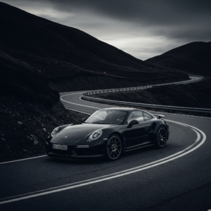 Luxury sports car driving on winding road